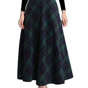 Tanming Wool Blend Tartan Plaid Blue Green Outlander A-Line Retro 50s Midi Skirt
